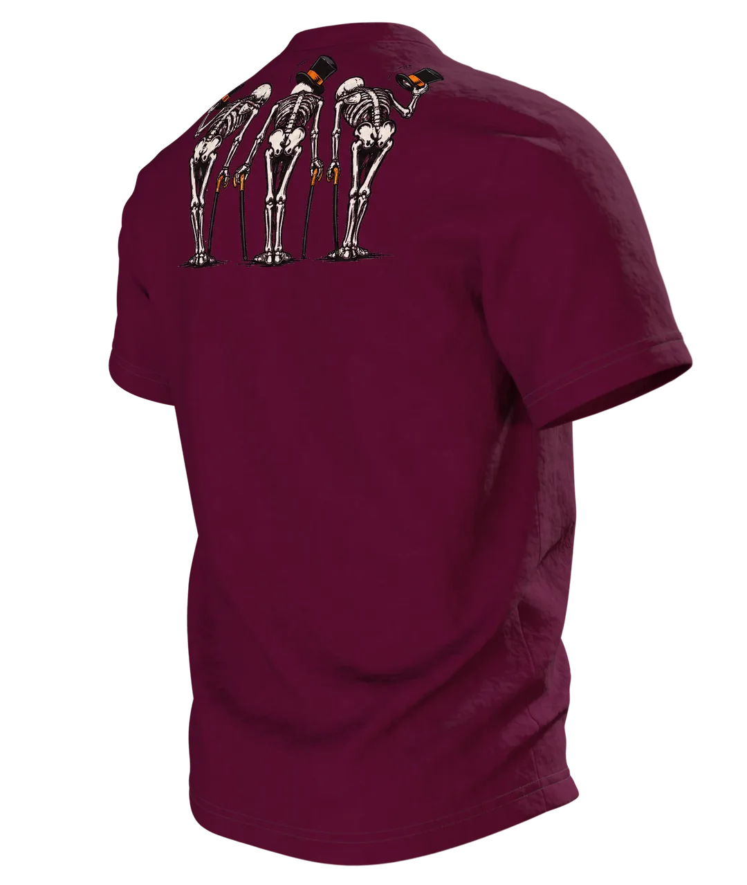 Tanzende Skelette im Mondschein T-Shirt: Lockerer Comic-Stil, Rückseite schräg links
