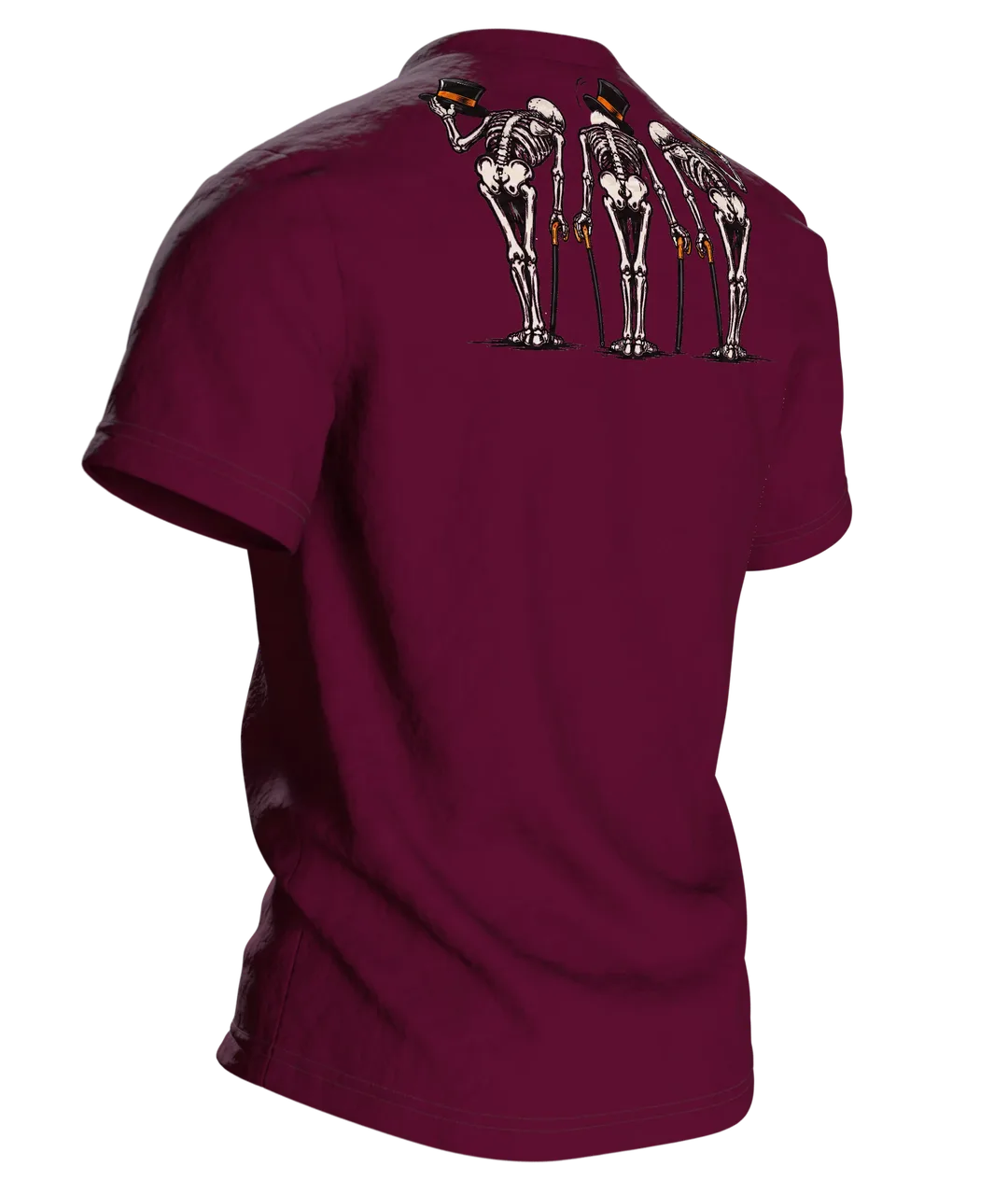 Tanzende Skelette im Mondschein T-Shirt: Lockerer Comic-Stil, Rückseite schräg rechts