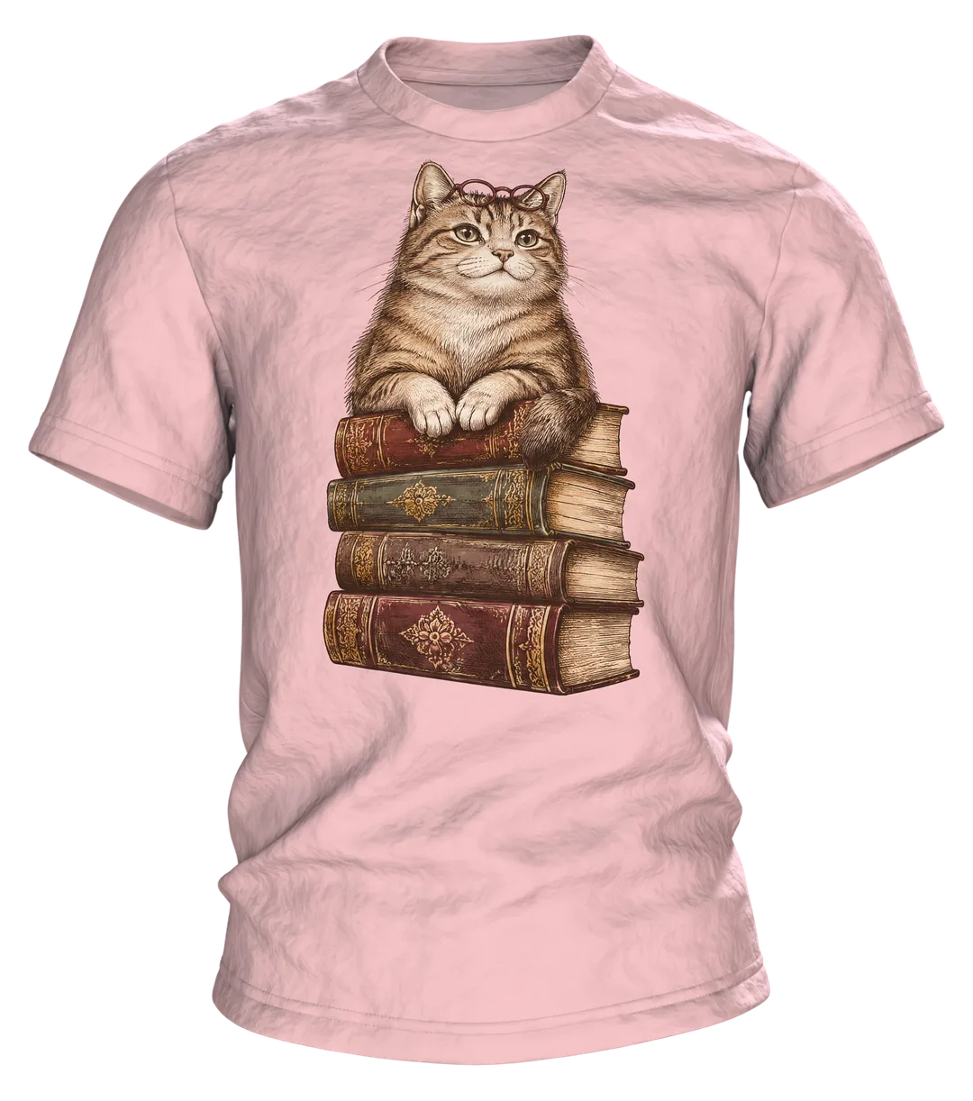 Lesende Katze auf Büchern T-Shirt: Gemütliches Design