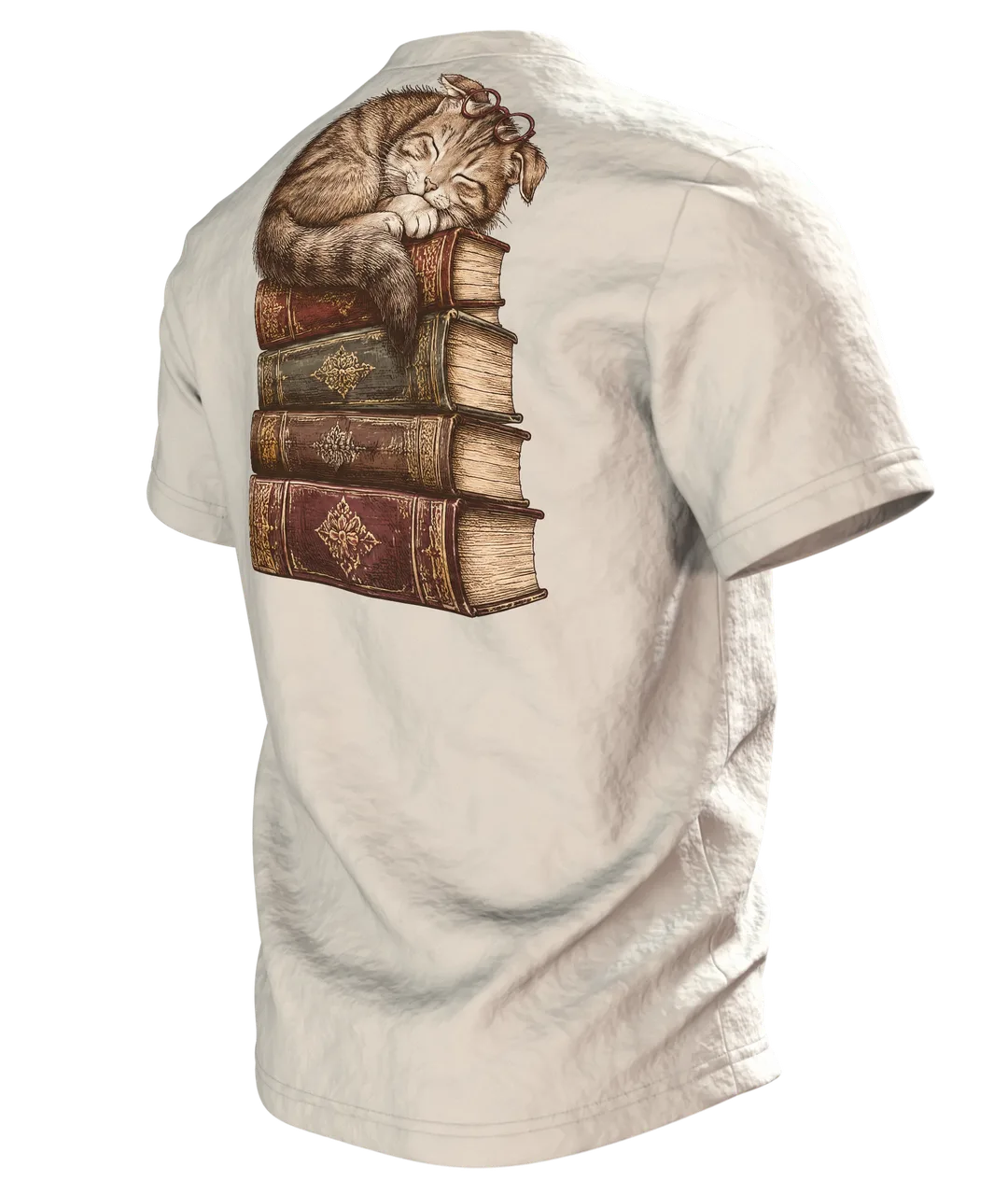 Lesende Katze auf Büchern T-Shirt: Gemütliches Design, Back, angled left