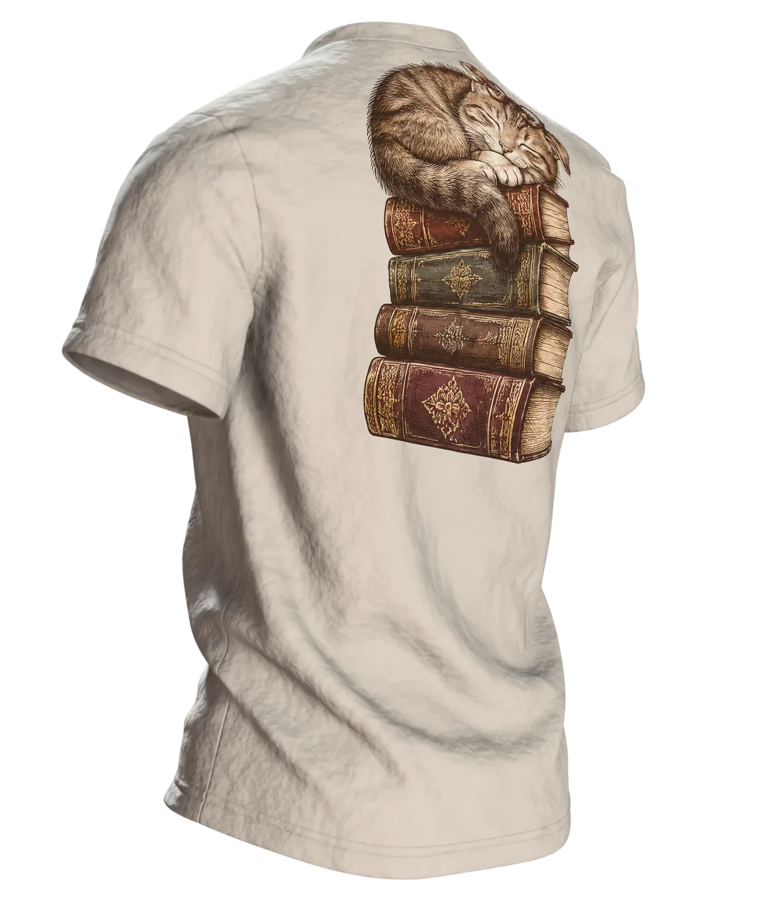 Lesende Katze auf Büchern T-Shirt: Gemütliches Design, Back, angled right