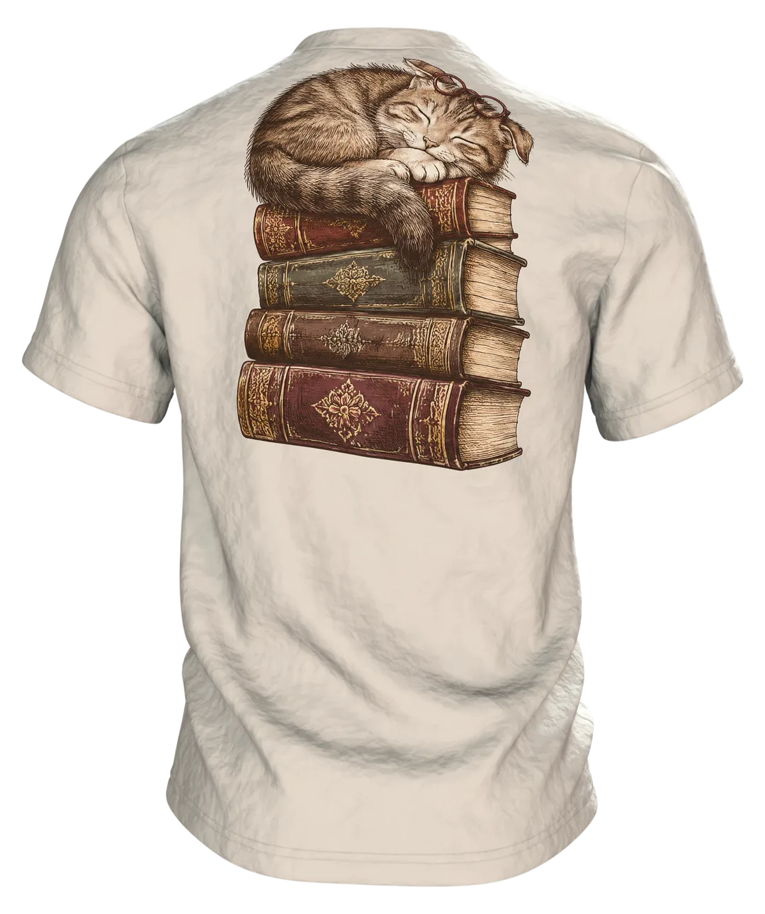 Lesende Katze auf Büchern T-Shirt: Gemütliches Design, Back