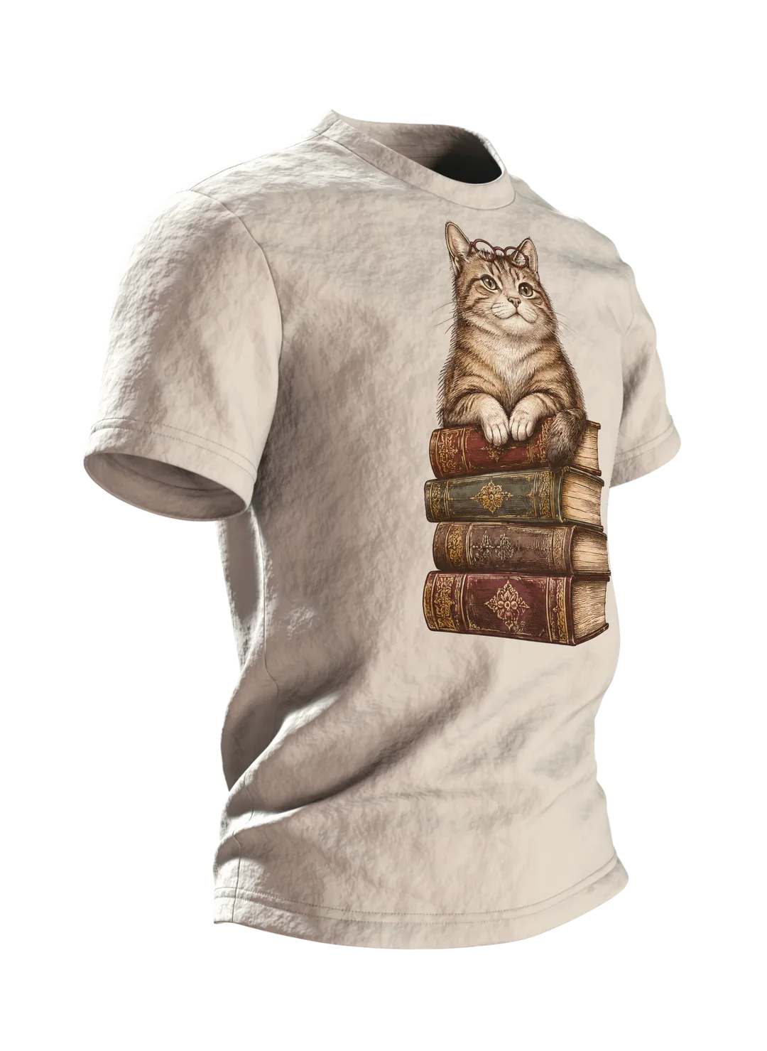 Lesende Katze auf Büchern T-Shirt: Gemütliches Design, Side view, left