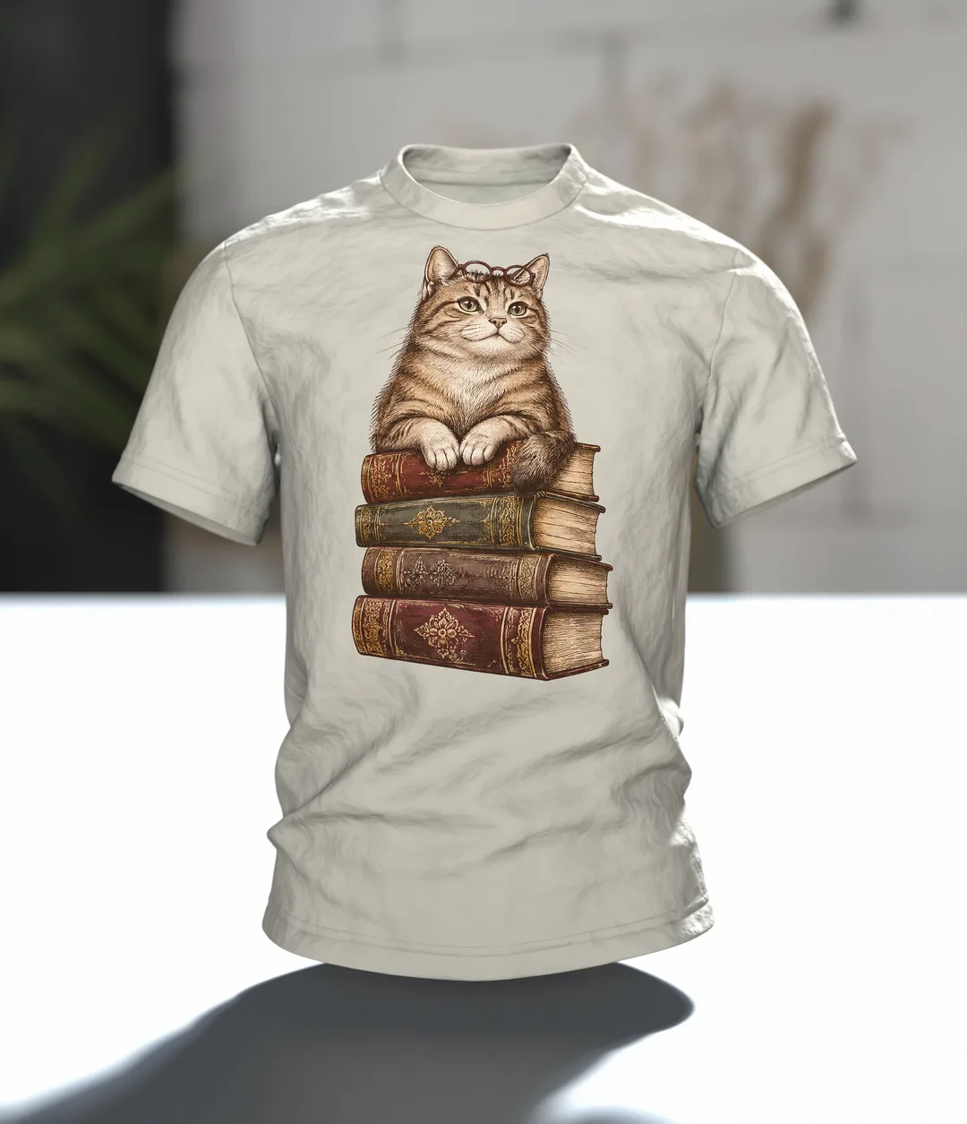 Lesende Katze auf Büchern T-Shirt: Gemütliches Design, In context