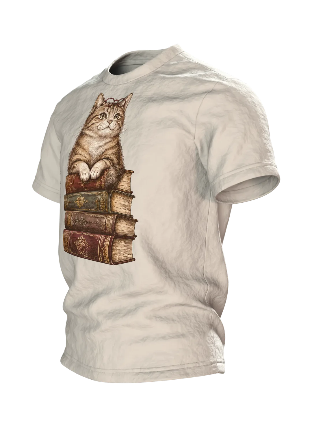 Lesende Katze auf Büchern T-Shirt: Gemütliches Design, Side view, right