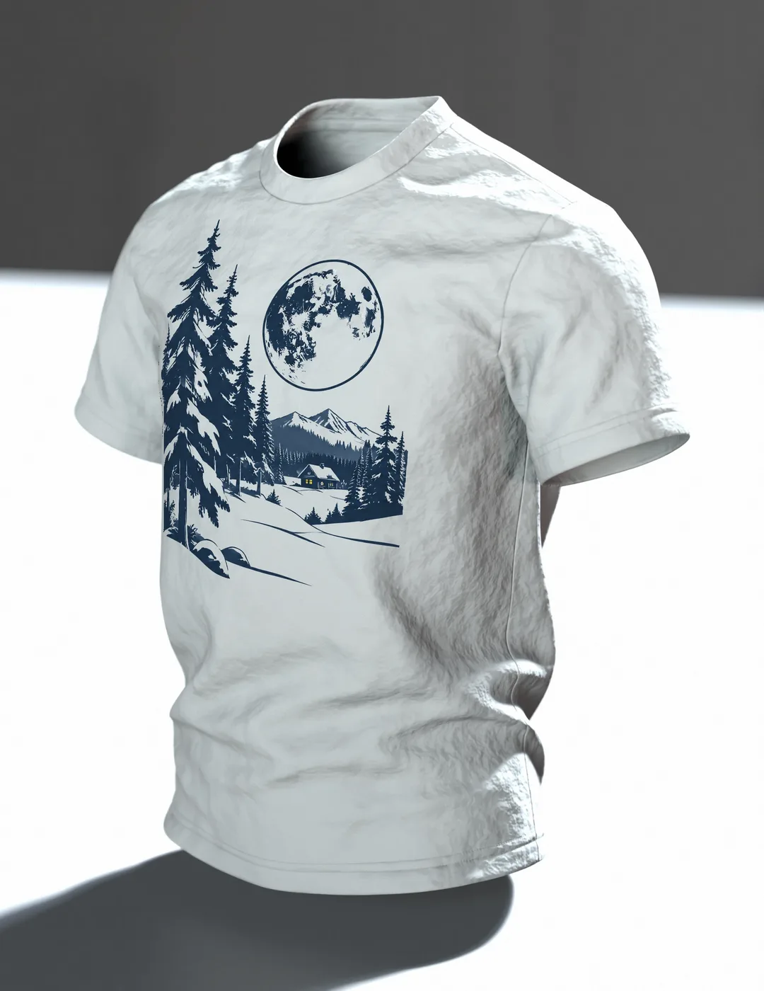 Winterwald Vollmond T-Shirt: Magisches Nachtmotiv, Im Raum, schräg