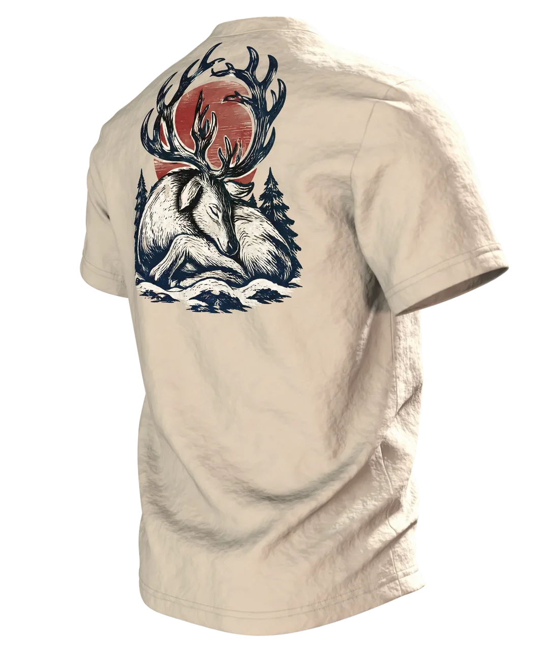 Rentier im japanischen Holzschnitt-Stil, T-Shirt vorn und hinten bedruckt, Rückseite schräg links