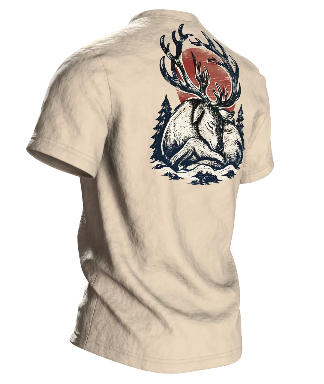 Rentier im japanischen Holzschnitt-Stil, T-Shirt vorn und hinten bedruckt, Rückseite schräg rechts
