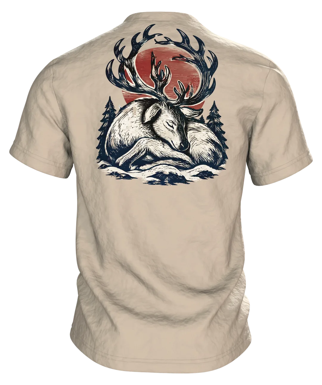 Rentier im japanischen Holzschnitt-Stil, T-Shirt vorn und hinten bedruckt, Rückseite
