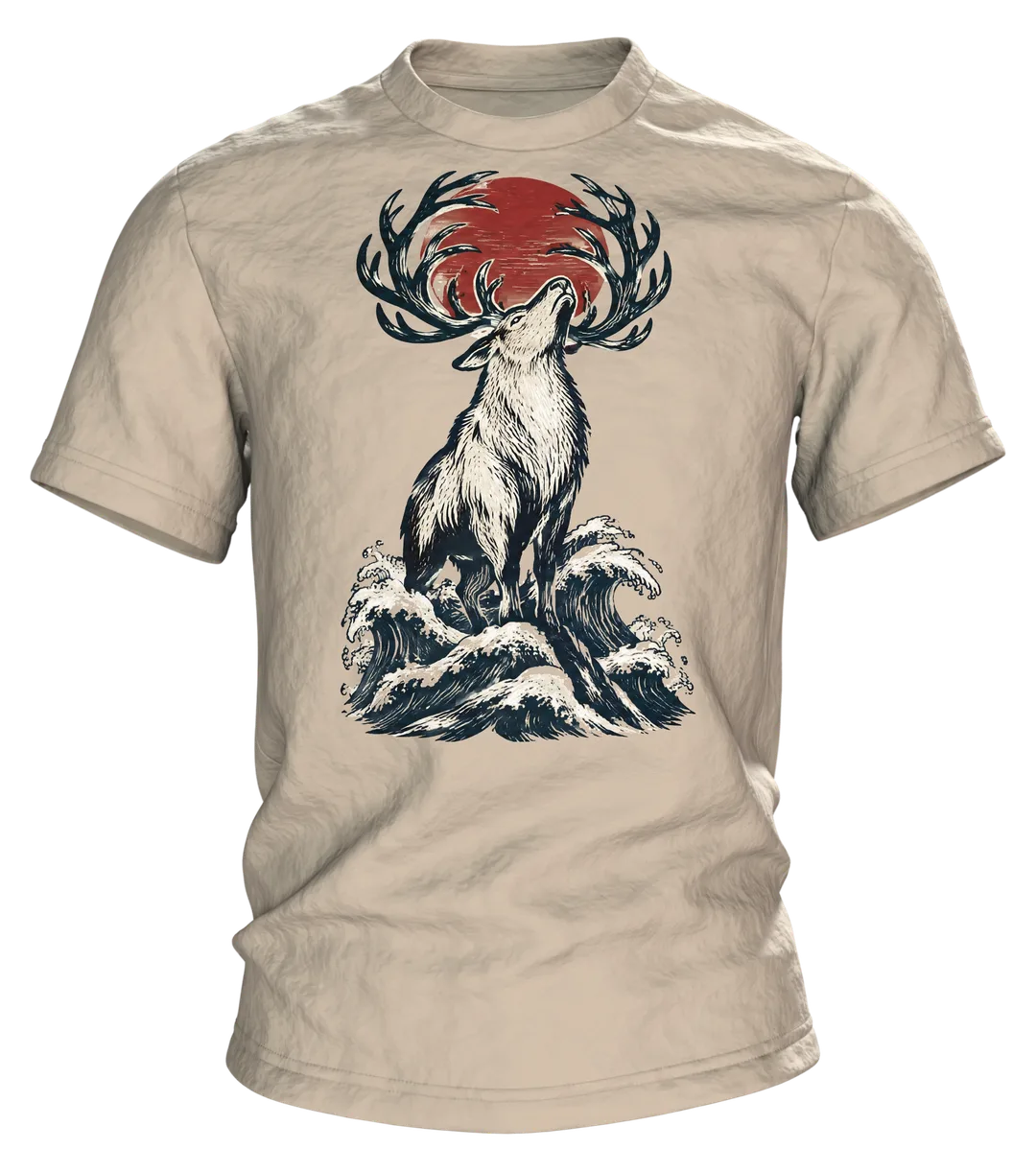 Rentier im japanischen Holzschnitt-Stil, T-Shirt vorn und hinten bedruckt
