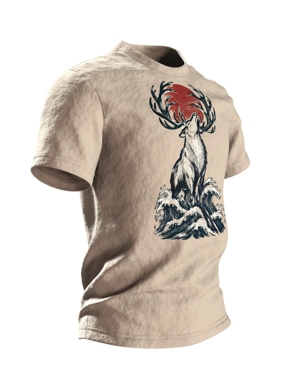 Rentier im japanischen Holzschnitt-Stil, T-Shirt vorn und hinten bedruckt, Seitenansicht links