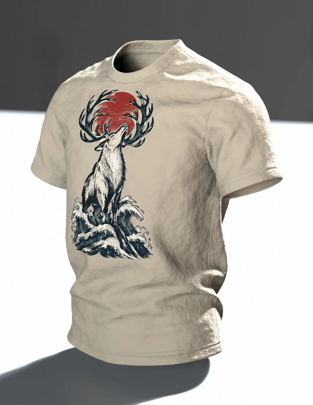 Rentier im japanischen Holzschnitt-Stil, T-Shirt vorn und hinten bedruckt, Im Raum, schräg