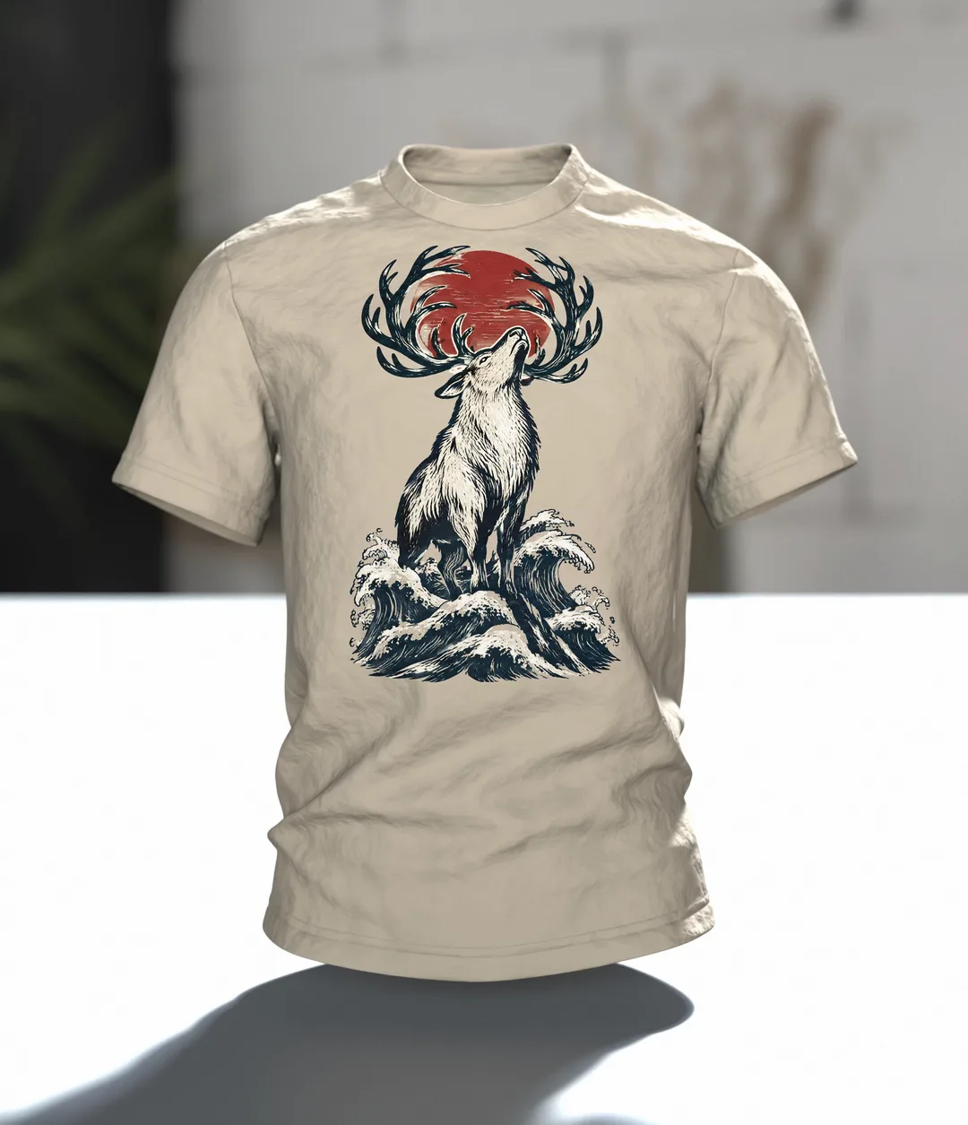 Rentier im japanischen Holzschnitt-Stil, T-Shirt vorn und hinten bedruckt, Im Raum