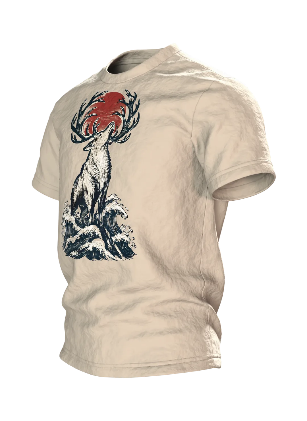 Rentier im japanischen Holzschnitt-Stil, T-Shirt vorn und hinten bedruckt, Seitenansicht rechts