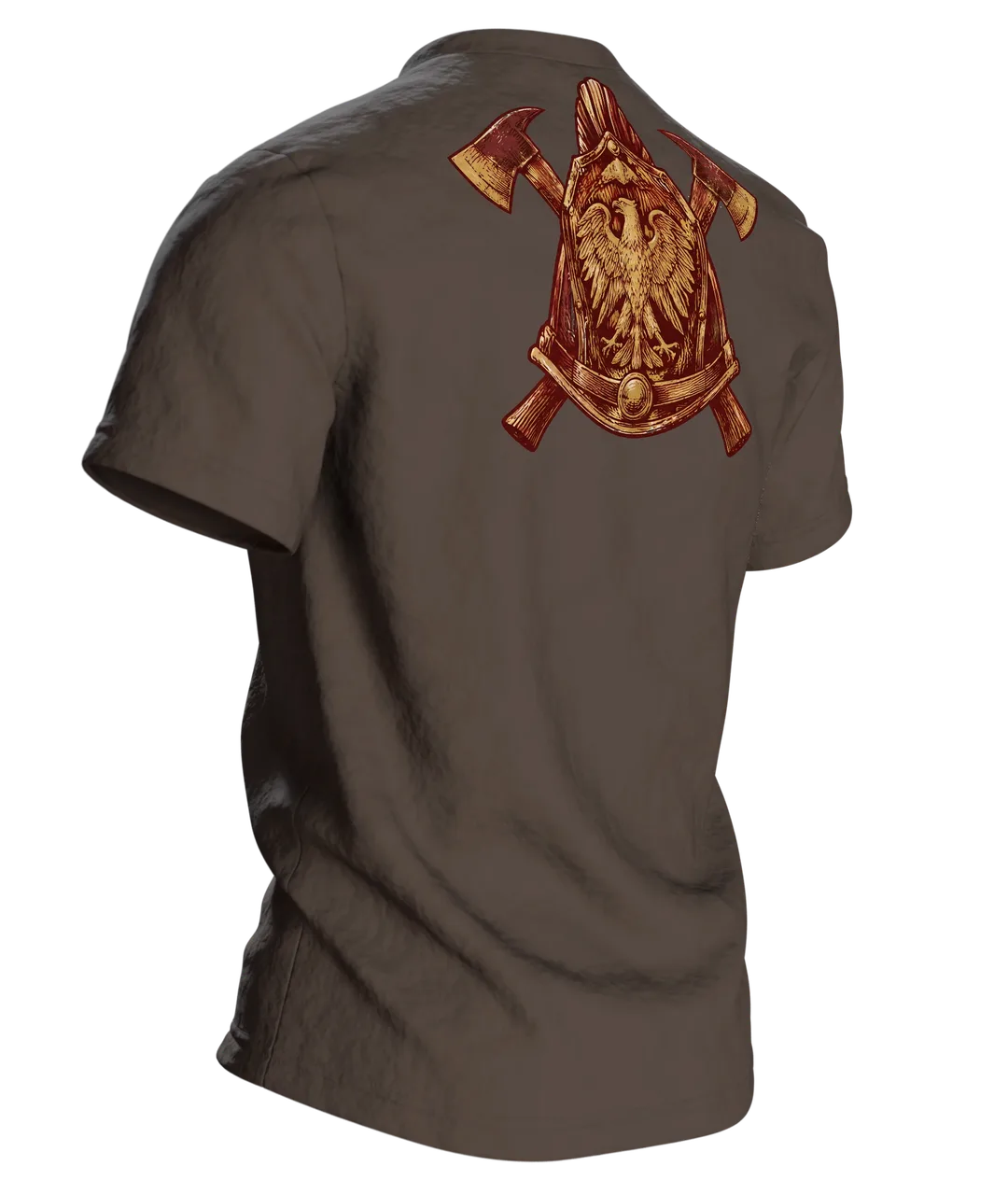 Vintage Feuerwehr Emblem T-Shirt: Klassisches Heldenmotiv, Rückseite schräg rechts