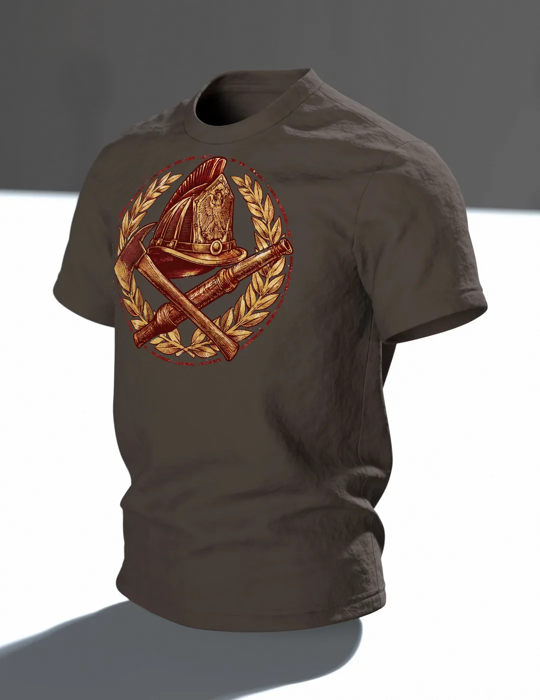 Vintage Feuerwehr Emblem T-Shirt: Klassisches Heldenmotiv, Im Raum, schräg