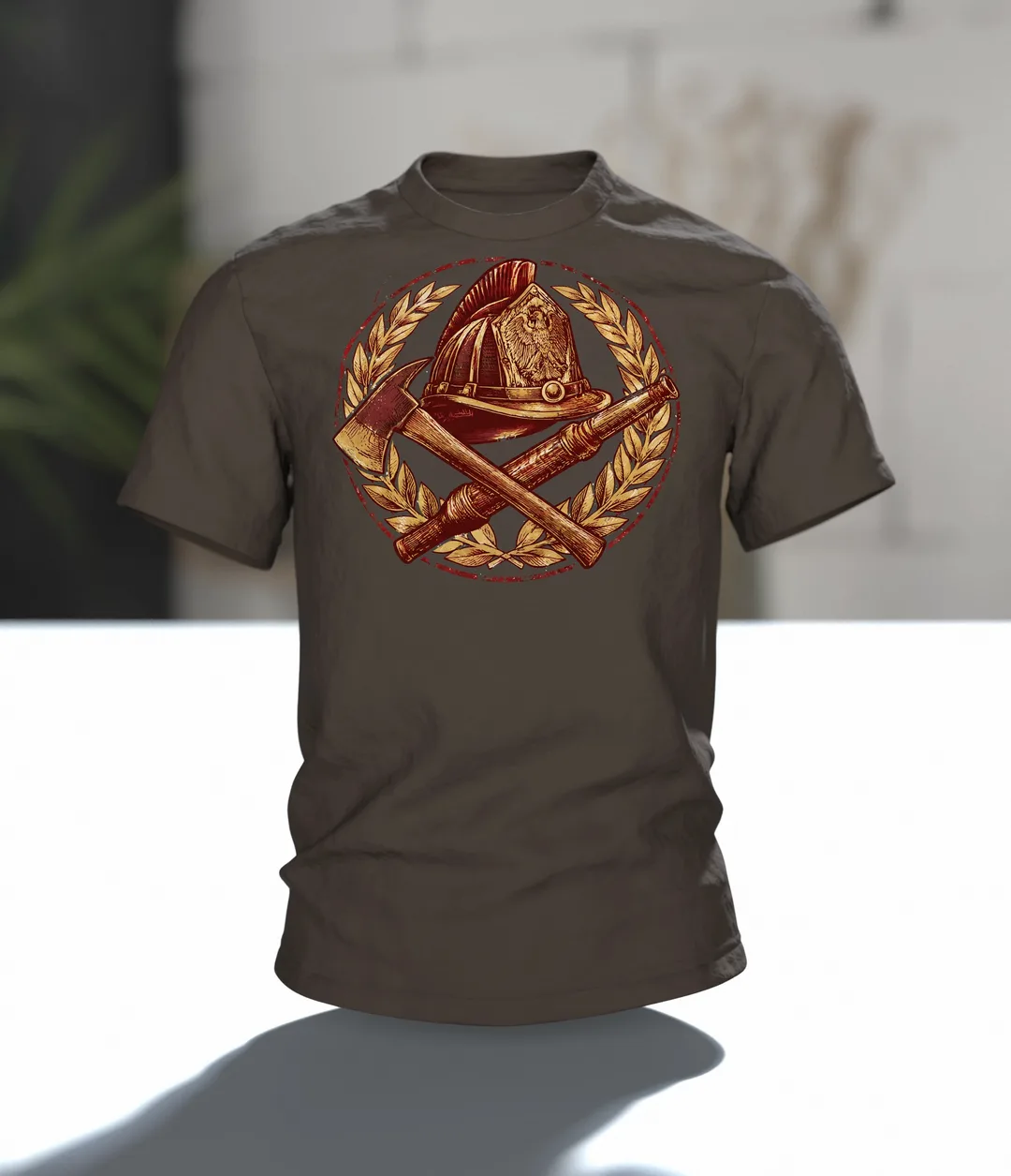 Vintage Feuerwehr Emblem T-Shirt: Klassisches Heldenmotiv, Im Raum