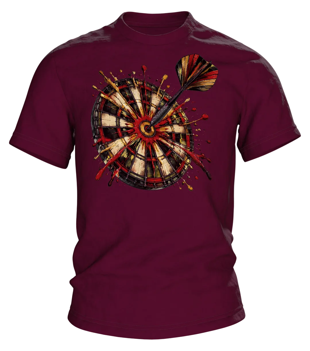 Dart T-Shirt: Dartpfeil im Bullseye mit Farbspritzern, Vintage-Stil