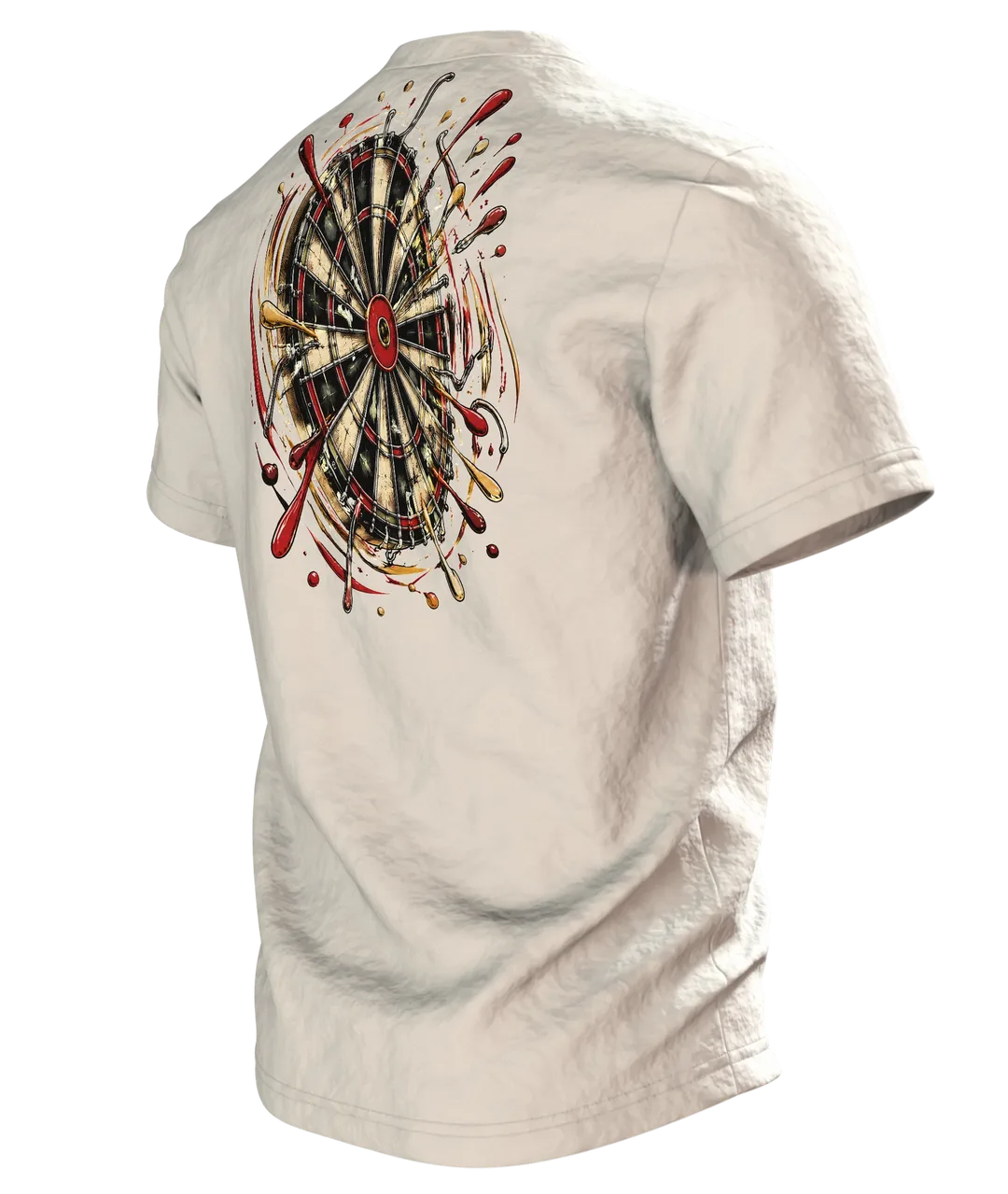 Dart T-Shirt: Dartpfeil im Bullseye mit Farbspritzern, Vintage-Stil, Rückseite schräg links