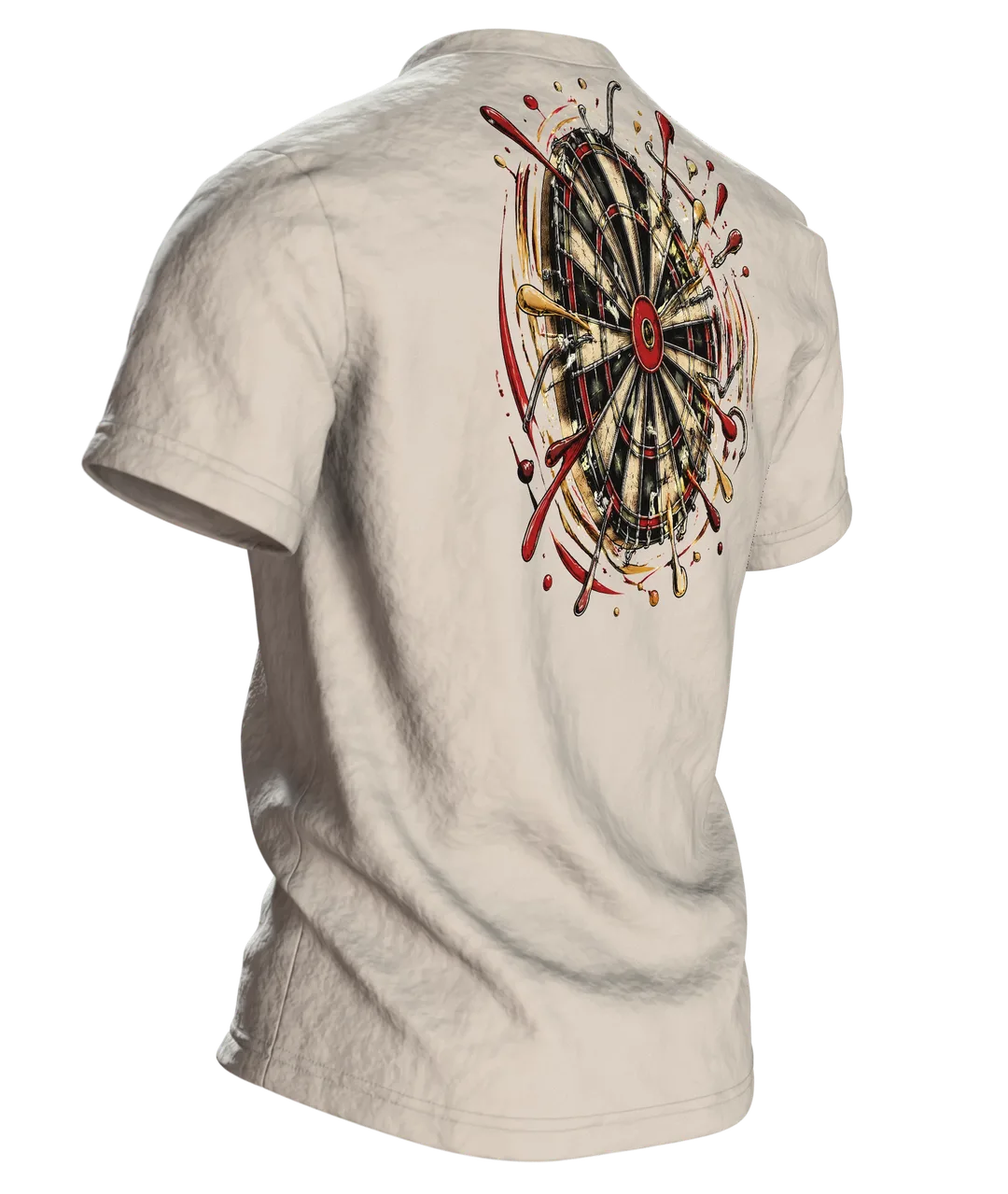 Dart T-Shirt: Dartpfeil im Bullseye mit Farbspritzern, Vintage-Stil, Rückseite schräg rechts