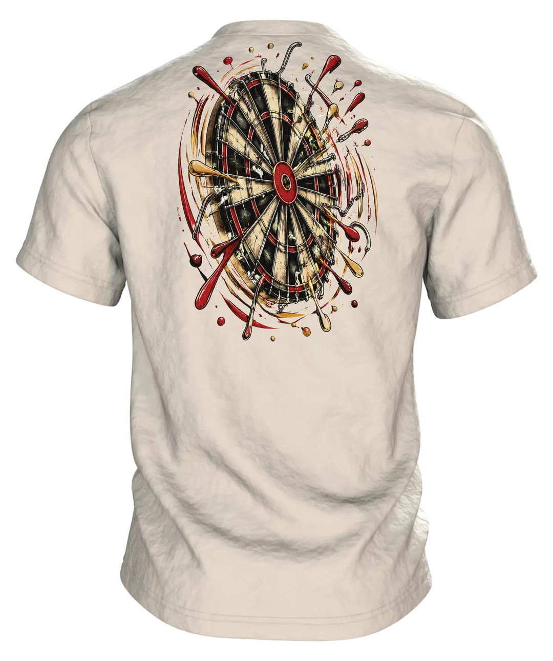 Dart T-Shirt: Dartpfeil im Bullseye mit Farbspritzern, Vintage-Stil, Rückseite