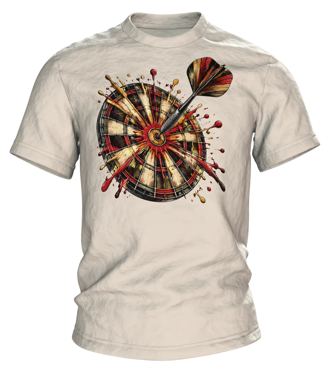 Dart T-Shirt: Dartpfeil im Bullseye mit Farbspritzern, Vintage-Stil, Vorderseite
