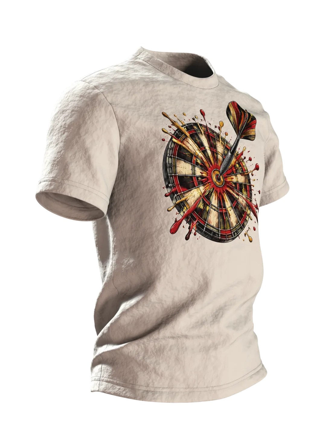 Dart T-Shirt: Dartpfeil im Bullseye mit Farbspritzern, Vintage-Stil, Seitenansicht links