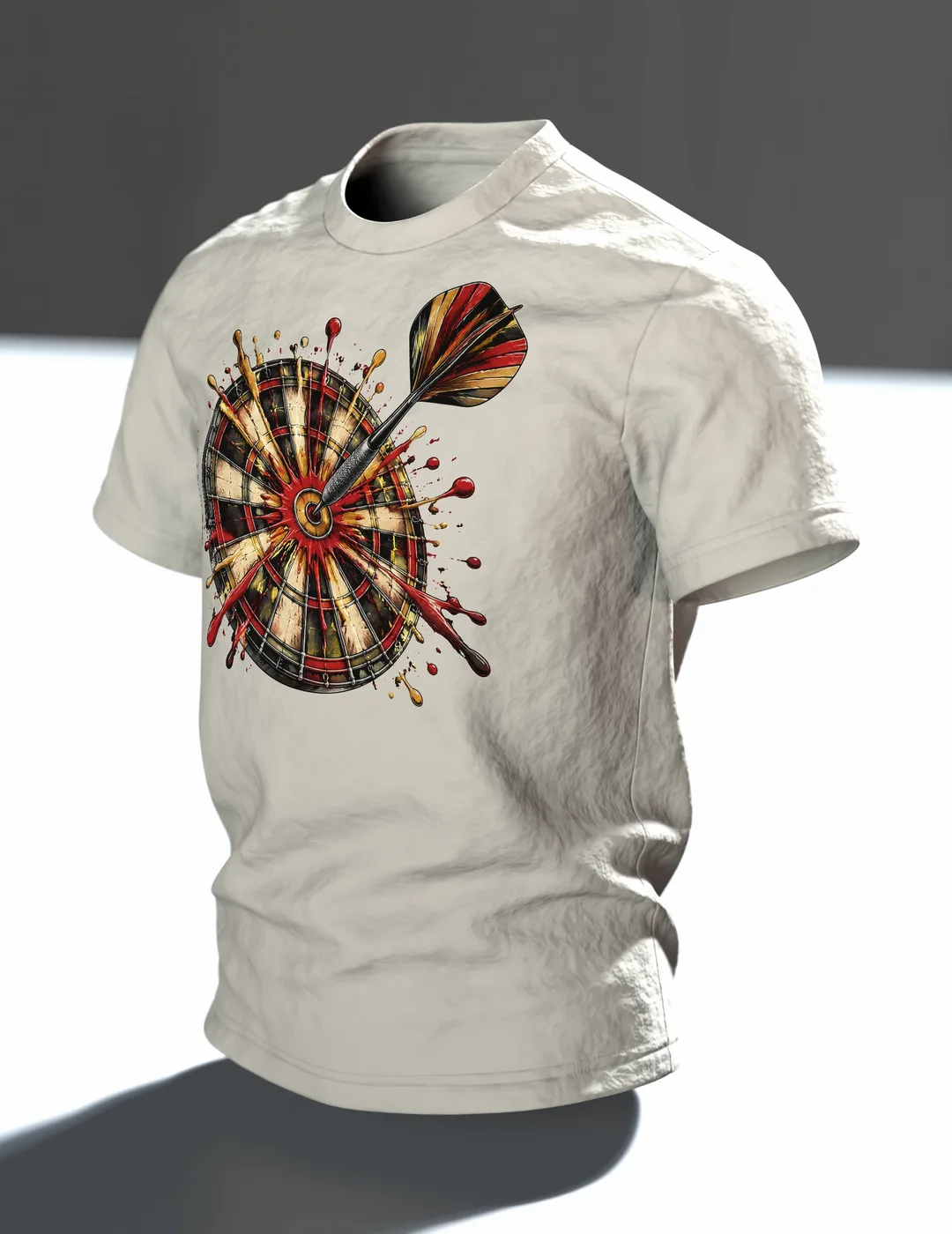 Dart T-Shirt: Dartpfeil im Bullseye mit Farbspritzern, Vintage-Stil, Im Raum, schräg
