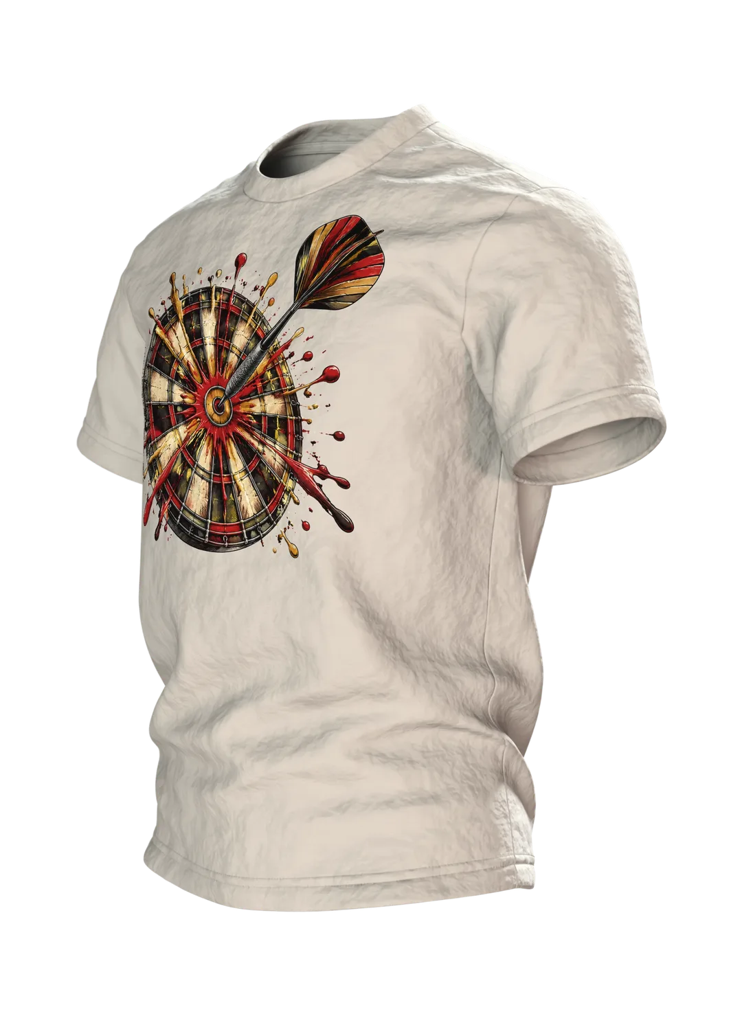 Dart T-Shirt: Dartpfeil im Bullseye mit Farbspritzern, Vintage-Stil, Seitenansicht rechts