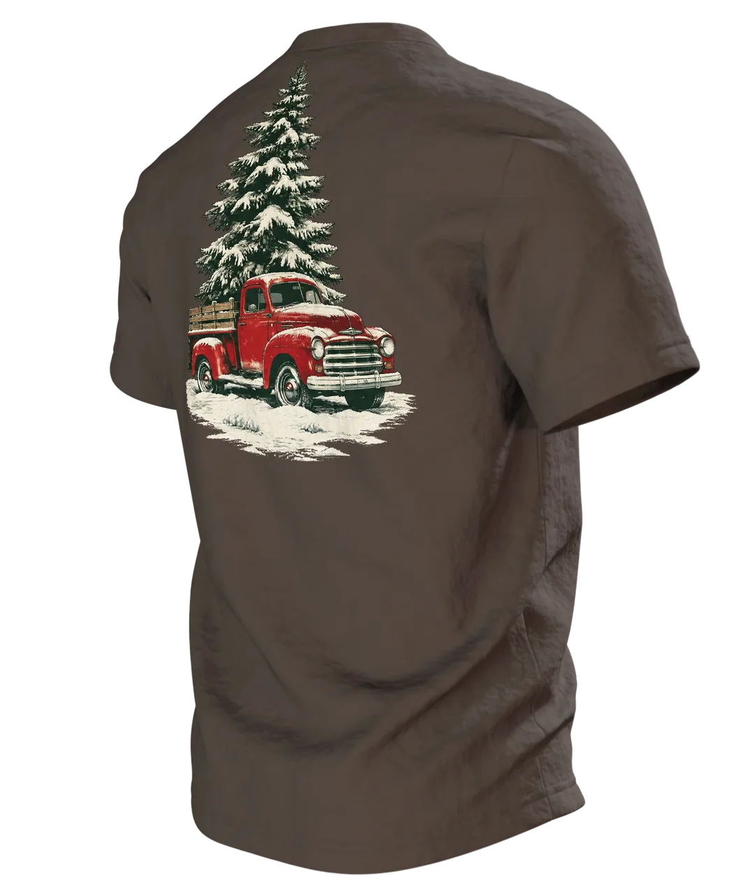 Vintage Truck T-Shirt: roter Truck mit Tannenbaum im Schneesturm, Retro-Stil, Rückseite schräg links