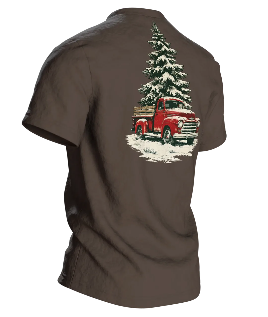 Vintage Truck T-Shirt: roter Truck mit Tannenbaum im Schneesturm, Retro-Stil, Rückseite schräg rechts