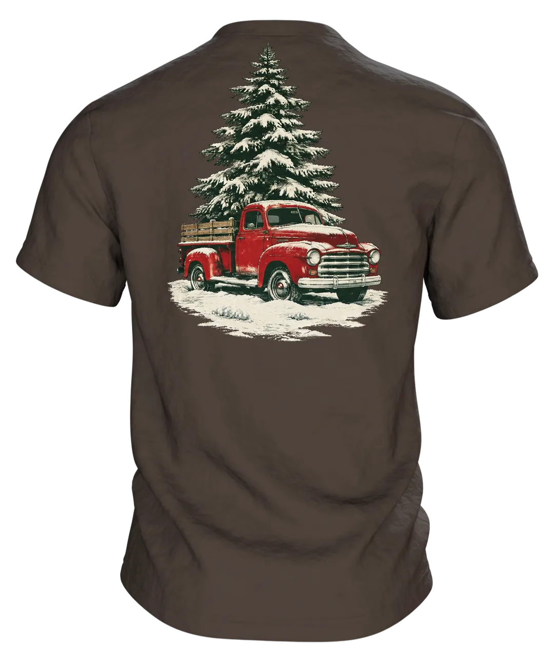 Vintage Truck T-Shirt: roter Truck mit Tannenbaum im Schneesturm, Retro-Stil, Rückseite