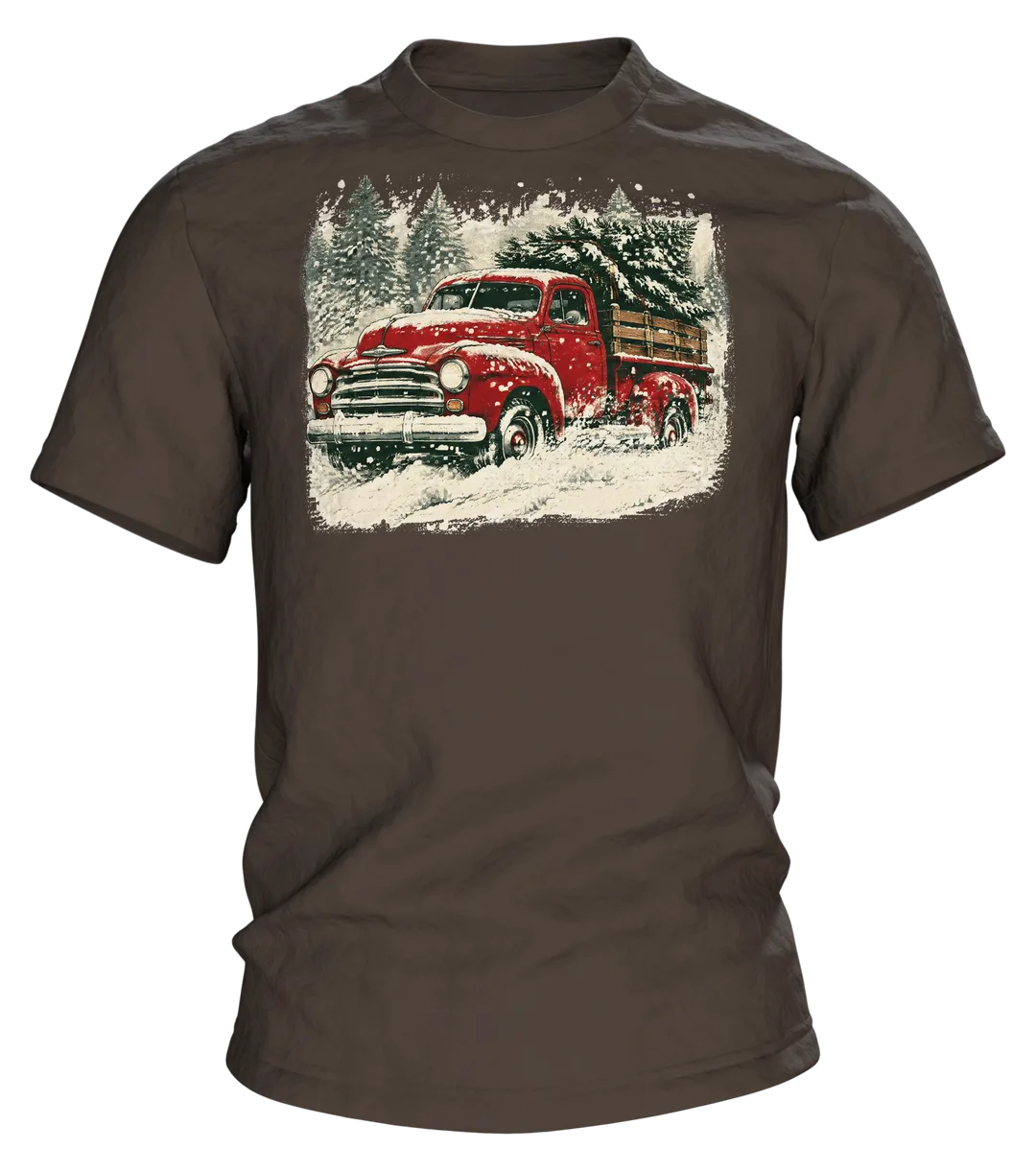 Vintage Truck T-Shirt: roter Truck mit Tannenbaum im Schneesturm, Retro-Stil, Vorderseite