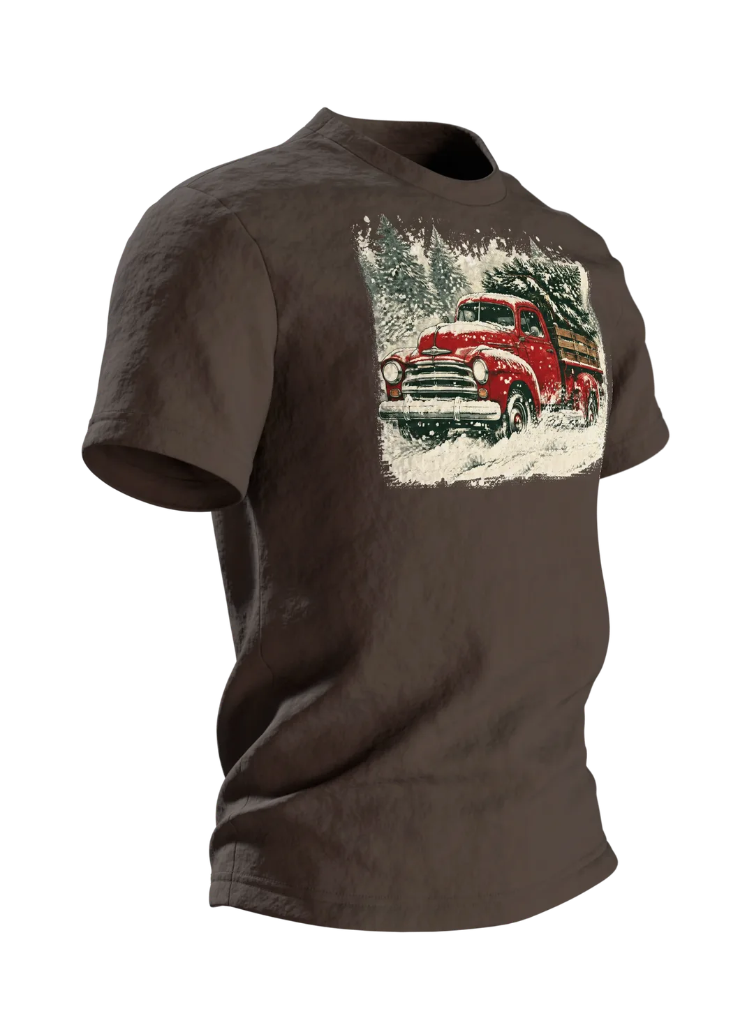 Vintage Truck T-Shirt: roter Truck mit Tannenbaum im Schneesturm, Retro-Stil, Seitenansicht links
