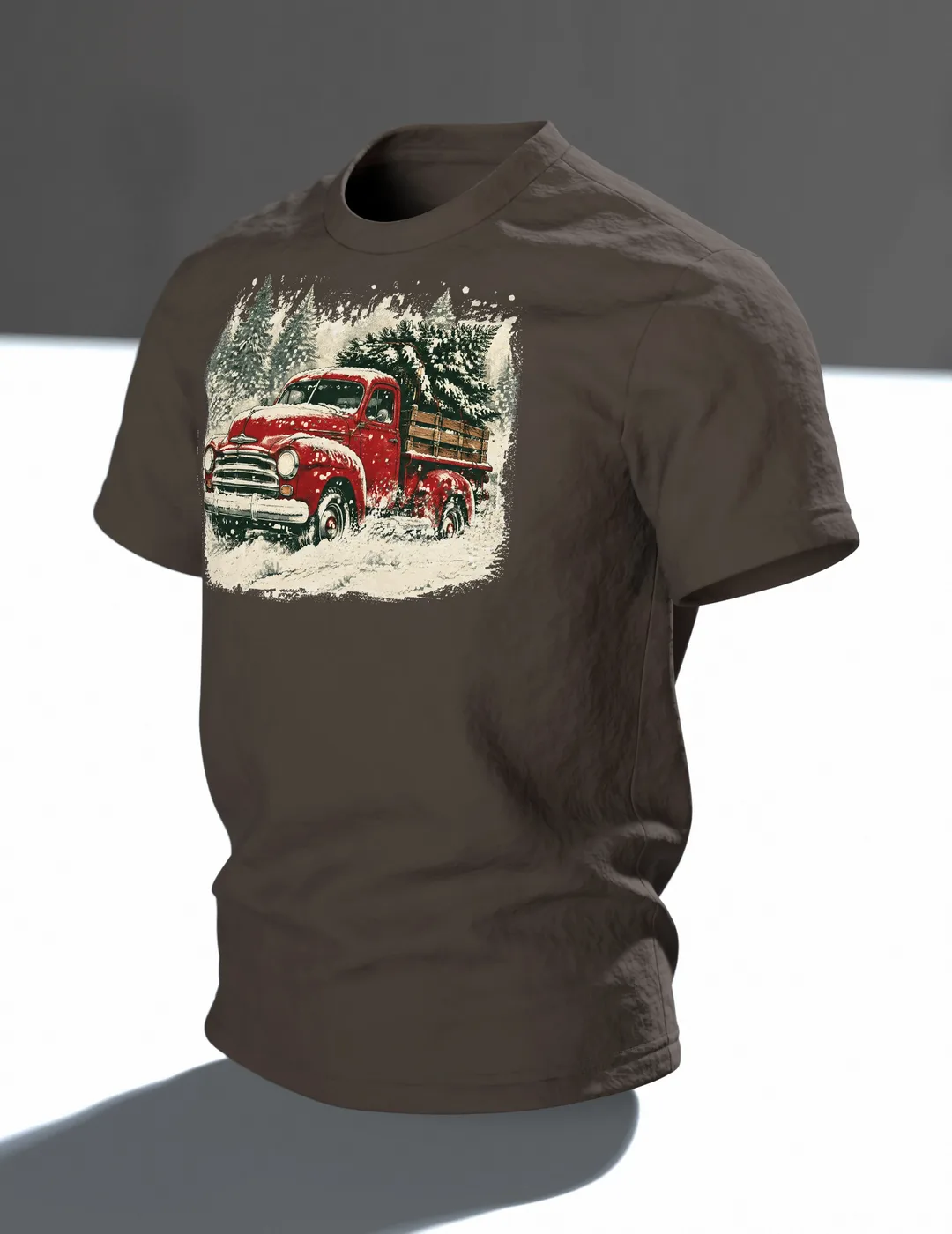 Vintage Truck T-Shirt: roter Truck mit Tannenbaum im Schneesturm, Retro-Stil, Im Raum, schräg