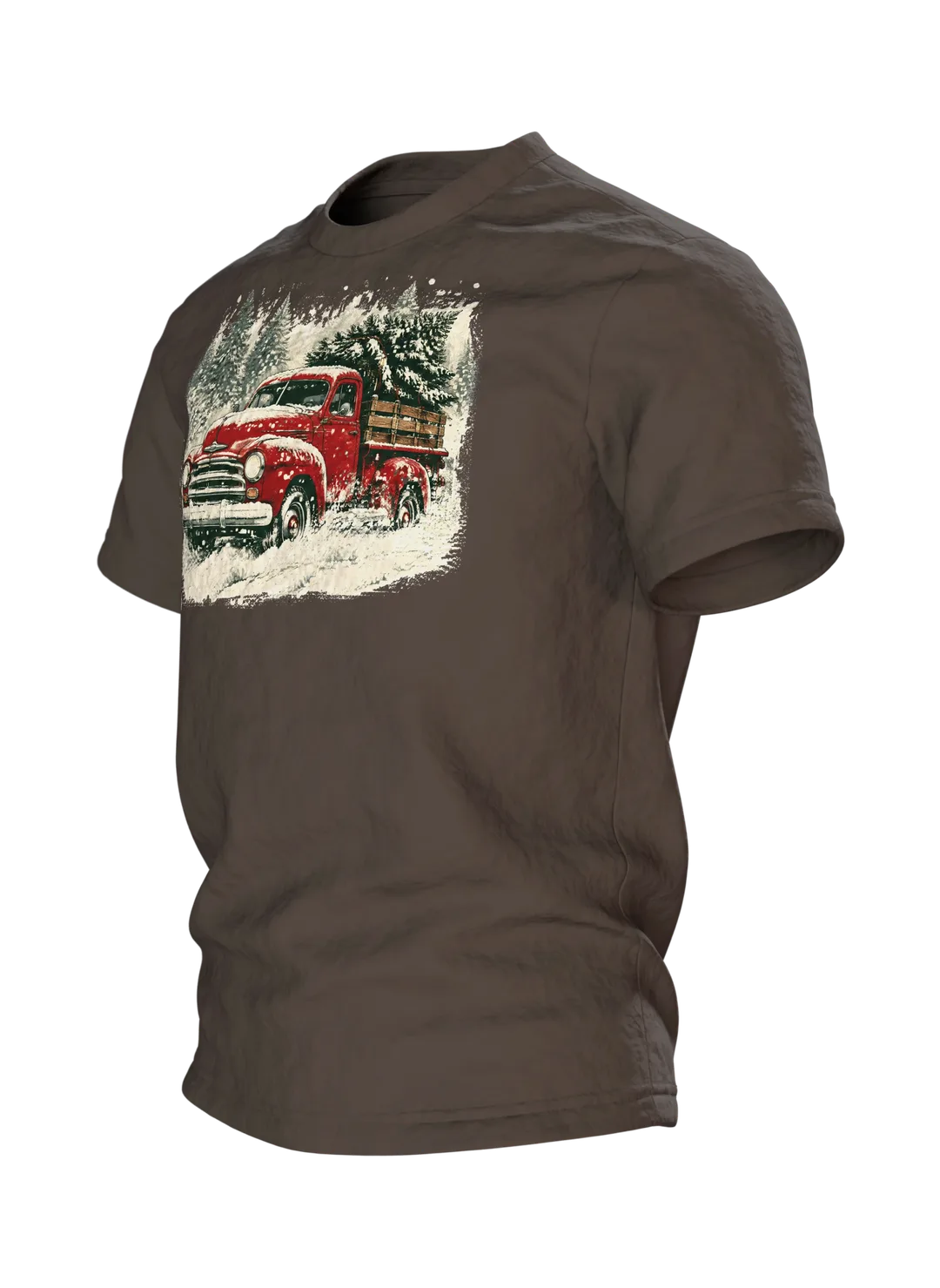 Vintage Truck T-Shirt: roter Truck mit Tannenbaum im Schneesturm, Retro-Stil, Seitenansicht rechts