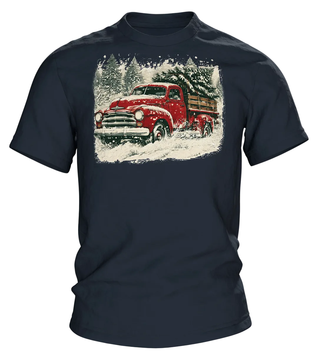 Vintage Truck T-Shirt: roter Truck mit Tannenbaum im Schneesturm, Retro-Stil