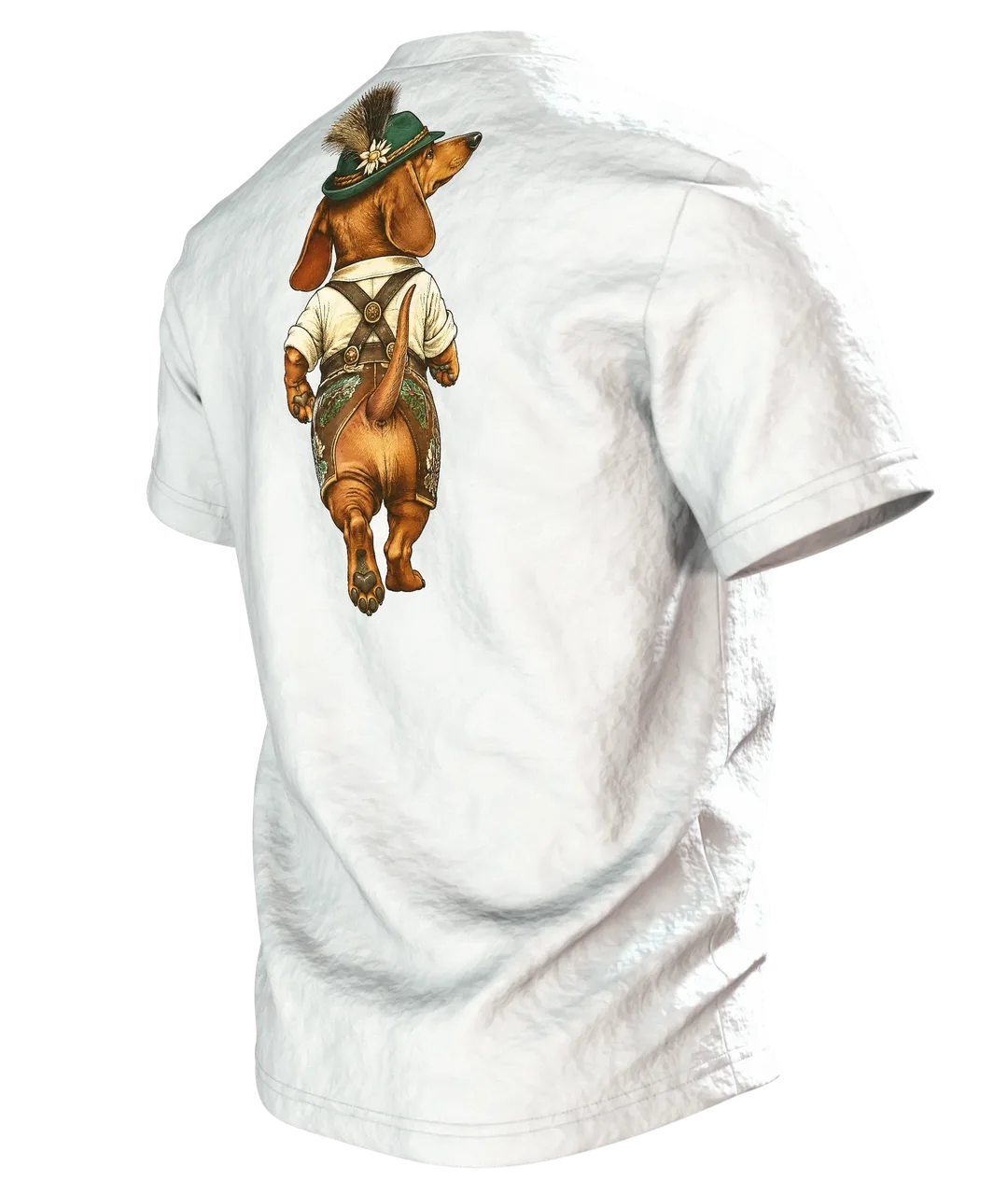 Dackel in Lederhose T-Shirt: Bayerisch Witzig, Rückseite schräg links