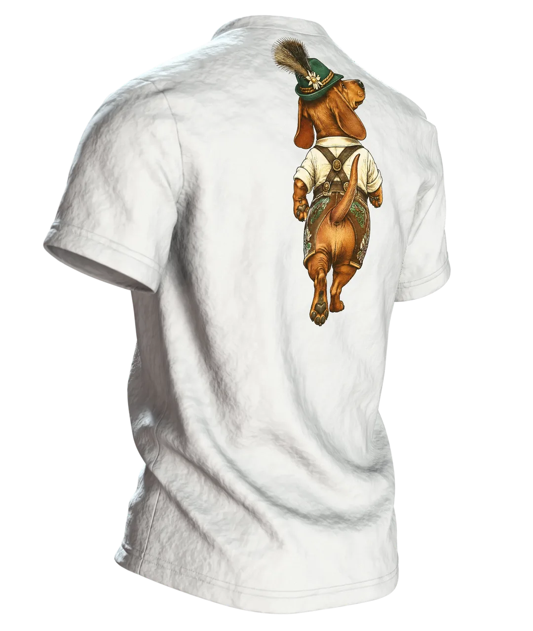 Dackel in Lederhose T-Shirt: Bayerisch Witzig, Rückseite schräg rechts