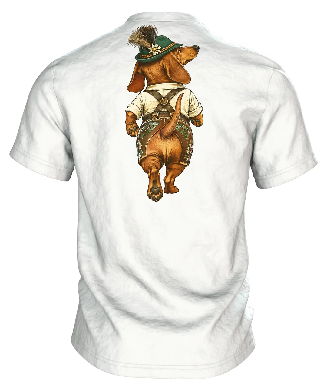 Dackel in Lederhose T-Shirt: Bayerisch Witzig, Rückseite