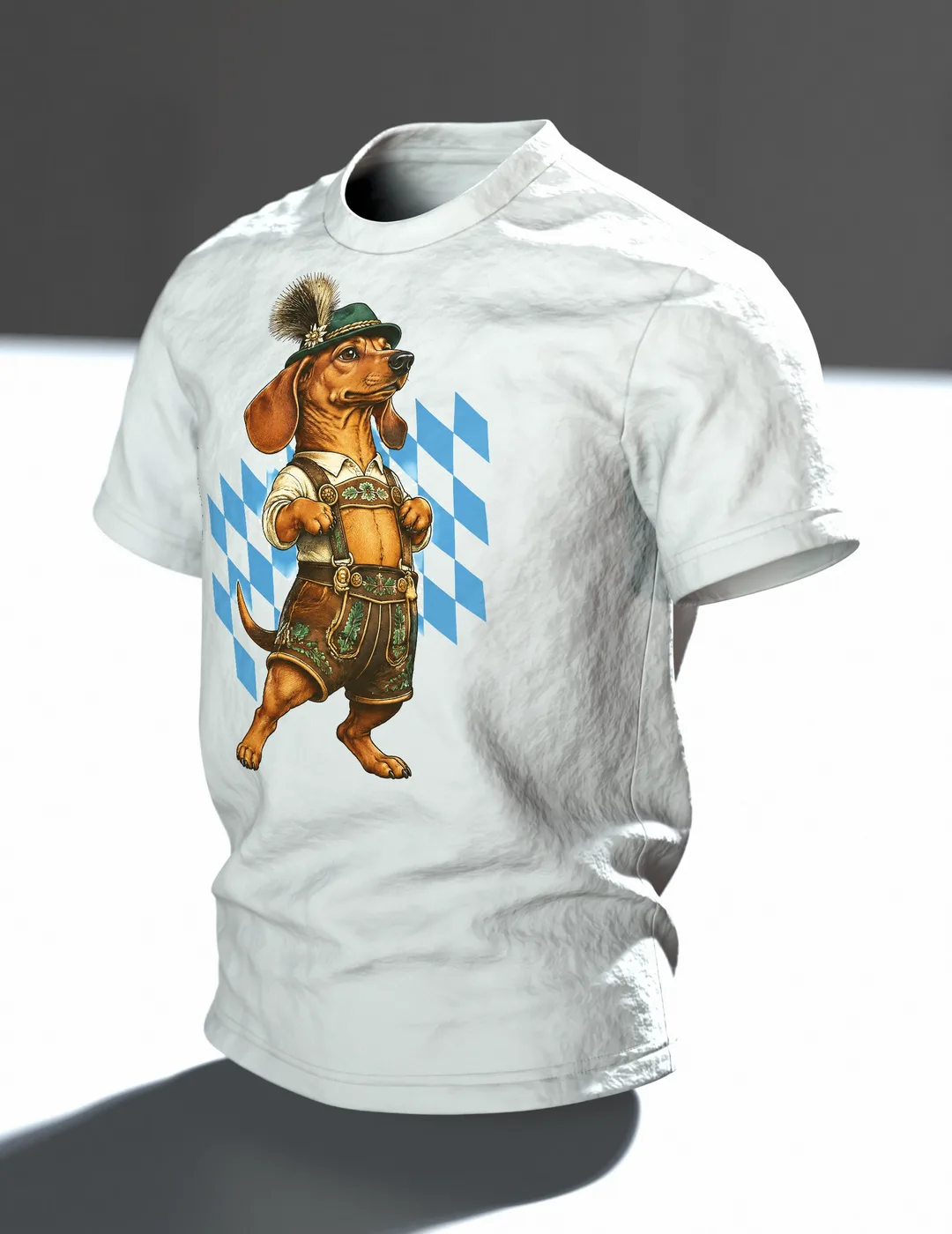 Dackel in Lederhose T-Shirt: Bayerisch Witzig, Im Raum, schräg