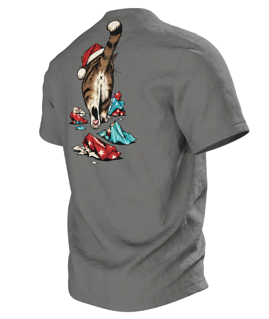 Weihnachtskatze T-Shirt: mürrische Weihnachtskatze mit Mütze im Geschenkpapier, Comic-Stil, Rückseite schräg links