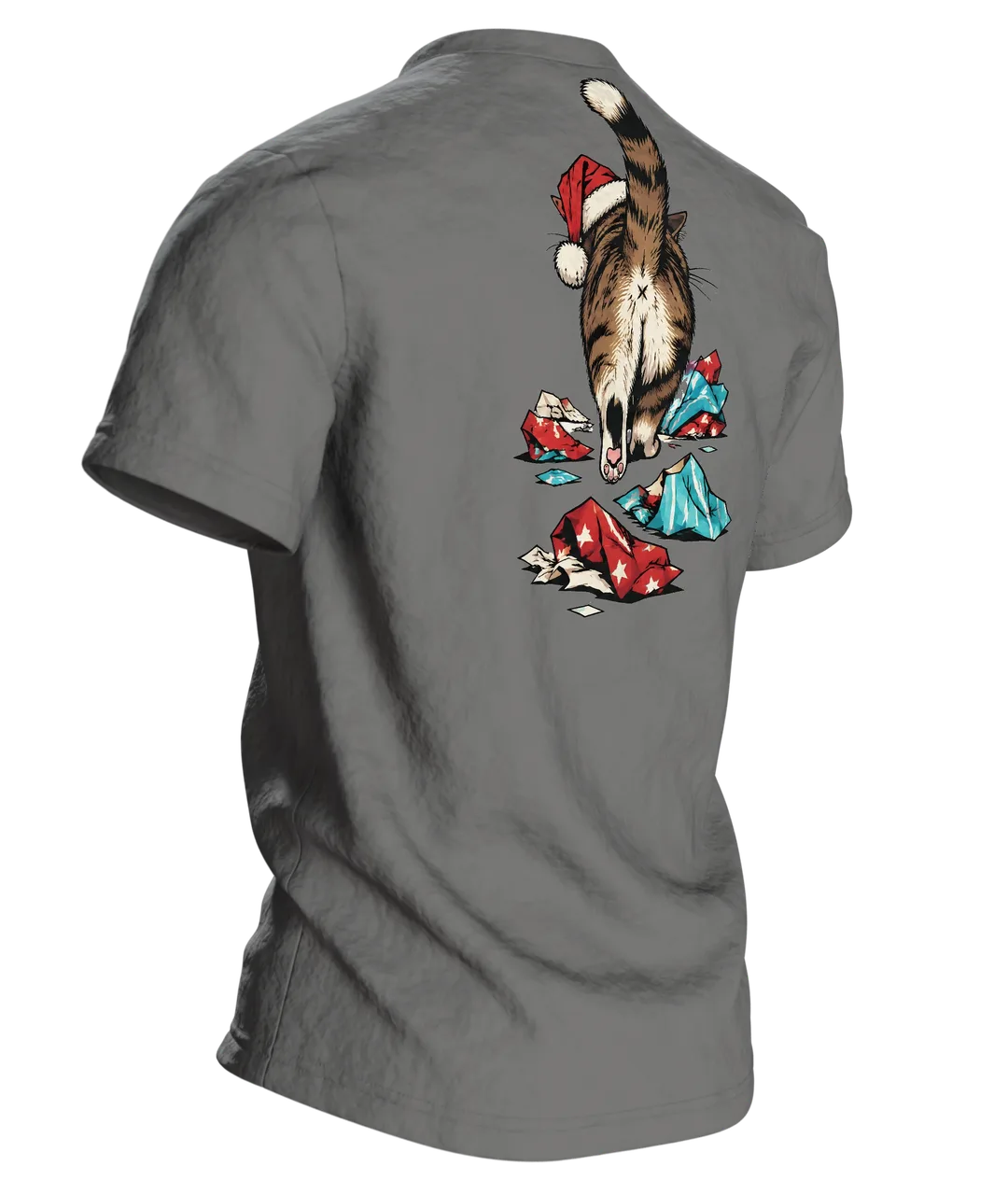 Weihnachtskatze T-Shirt: mürrische Weihnachtskatze mit Mütze im Geschenkpapier, Comic-Stil, Rückseite schräg rechts
