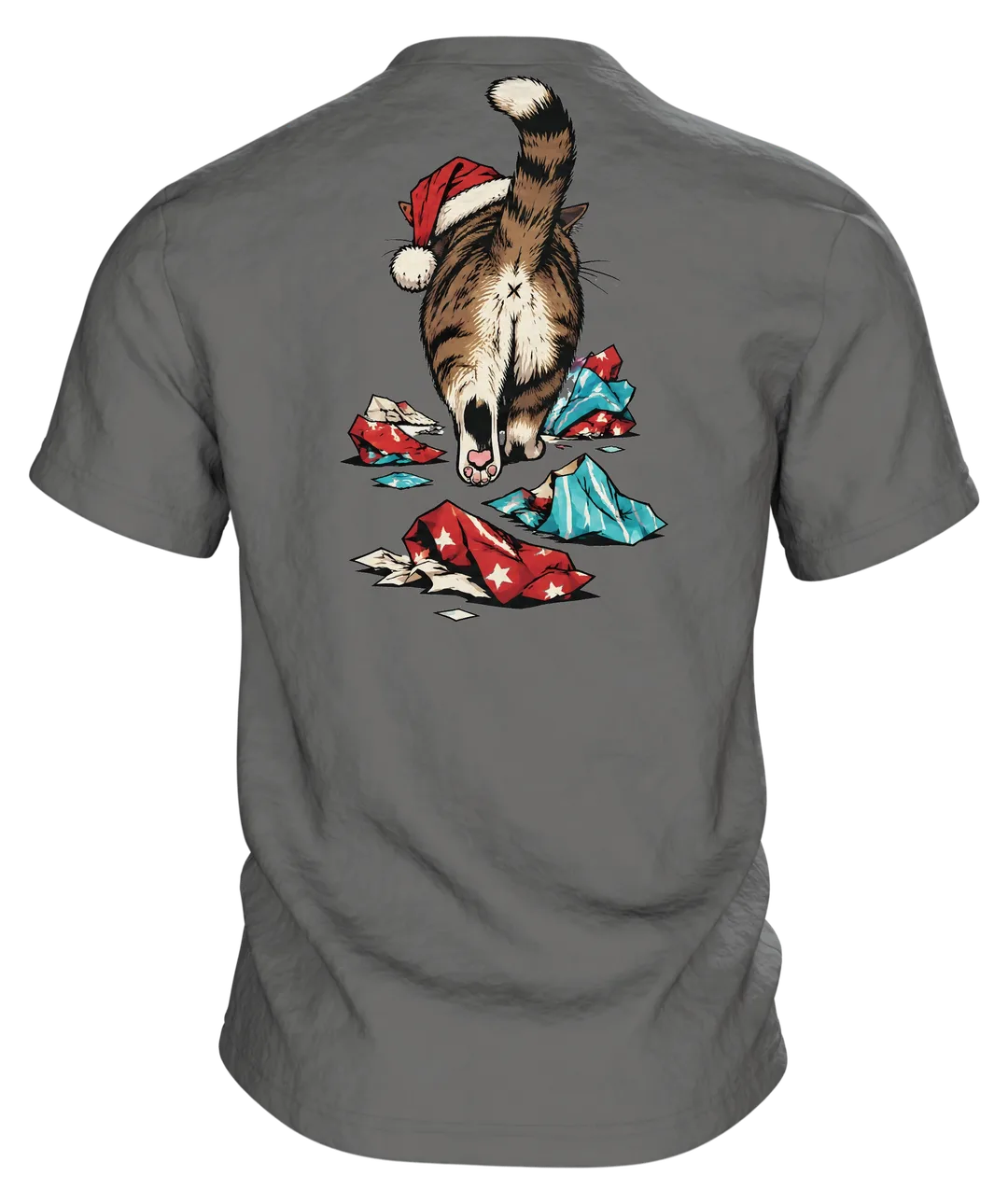 Weihnachtskatze T-Shirt: mürrische Weihnachtskatze mit Mütze im Geschenkpapier, Comic-Stil, Rückseite