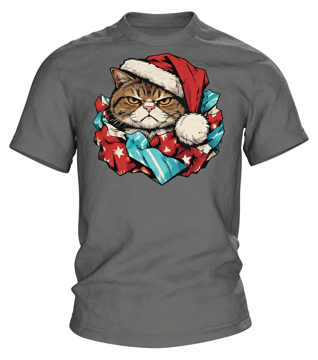 Weihnachtskatze T-Shirt: mürrische Weihnachtskatze mit Mütze im Geschenkpapier, Comic-Stil