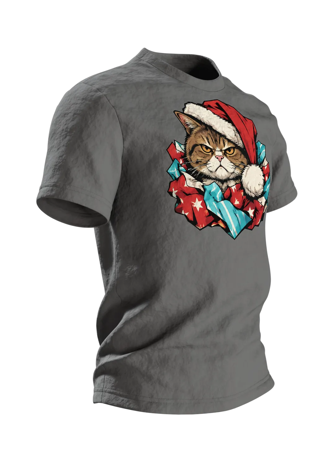 Weihnachtskatze T-Shirt: mürrische Weihnachtskatze mit Mütze im Geschenkpapier, Comic-Stil, Seitenansicht links