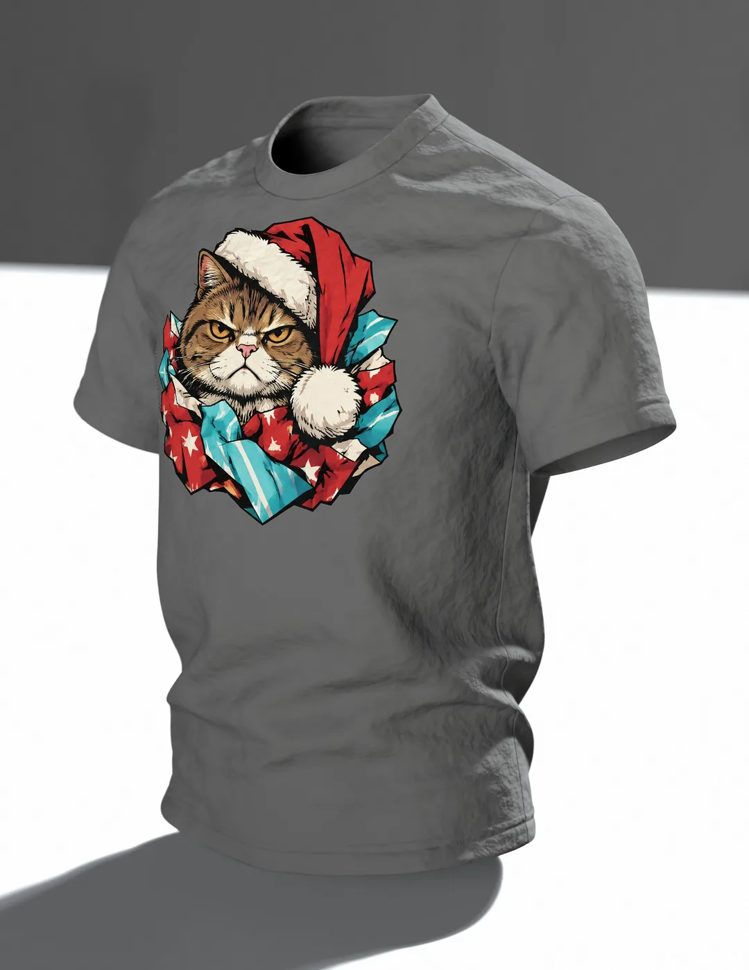 Weihnachtskatze T-Shirt: mürrische Weihnachtskatze mit Mütze im Geschenkpapier, Comic-Stil, Im Raum, schräg