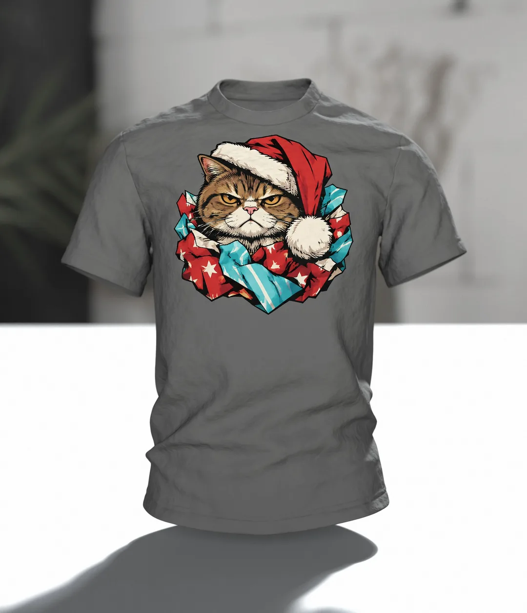 Weihnachtskatze T-Shirt: mürrische Weihnachtskatze mit Mütze im Geschenkpapier, Comic-Stil, Im Raum