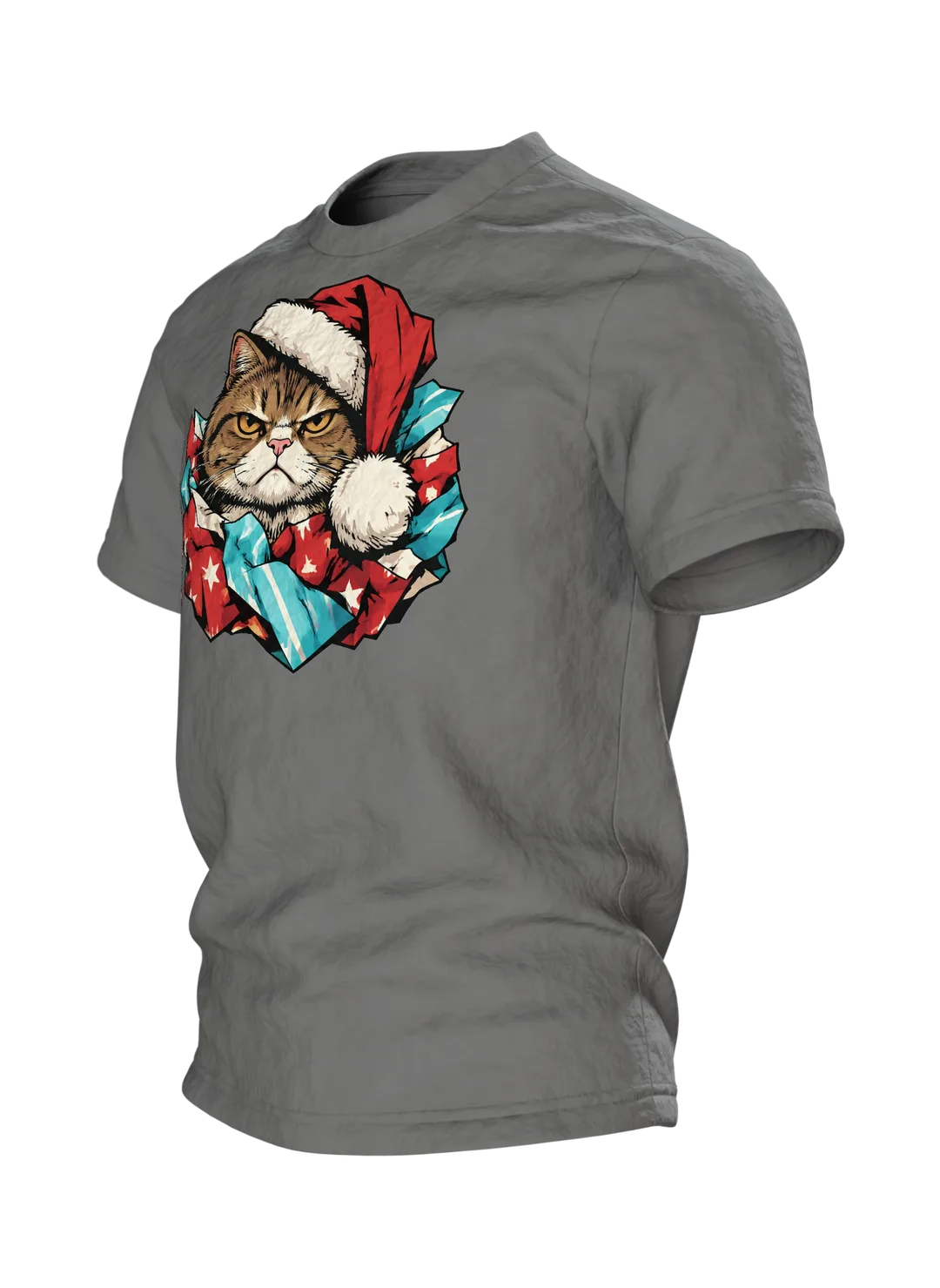 Weihnachtskatze T-Shirt: mürrische Weihnachtskatze mit Mütze im Geschenkpapier, Comic-Stil, Seitenansicht rechts
