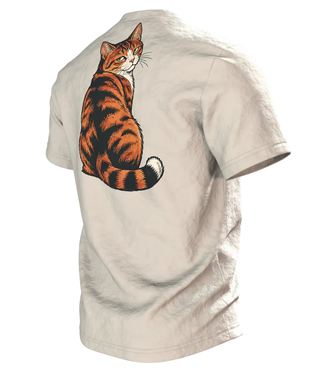 Lustiges Katzen T-Shirt: Katze schubst Vase vom Tisch, Comic-Stil, Rückseite schräg links